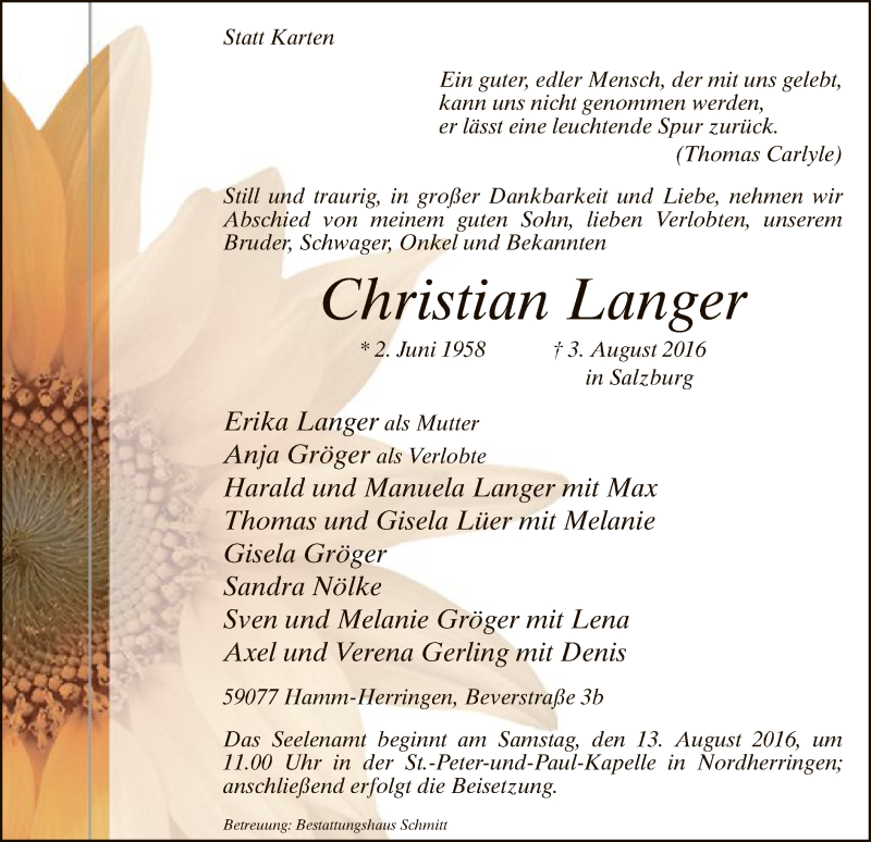  Traueranzeige für Christian Langer vom 11.08.2016 aus MZV