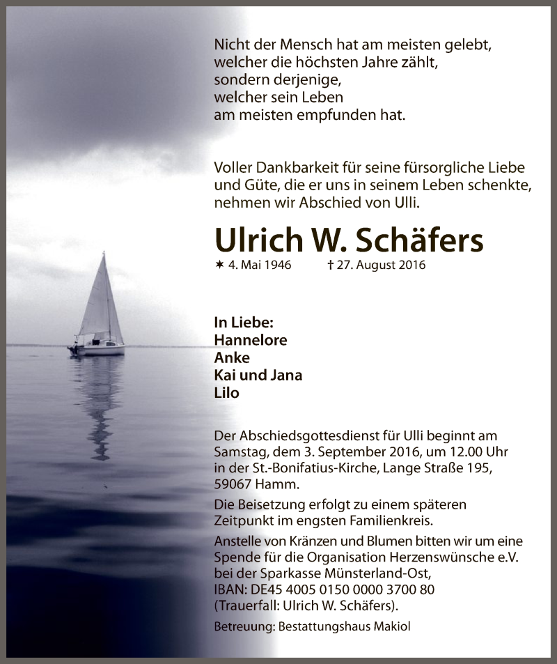  Traueranzeige für Ulrich  Schäfers vom 01.09.2016 aus MZV