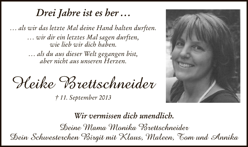 Traueranzeige für Heike Brettschneider vom 10.09.2016 aus MZV