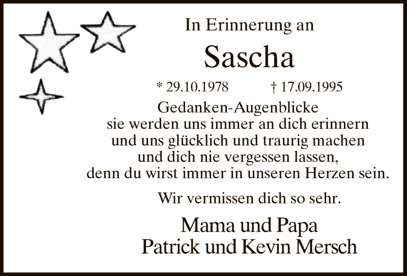  Traueranzeige für Sascha Lux vom 17.09.2016 aus MZV