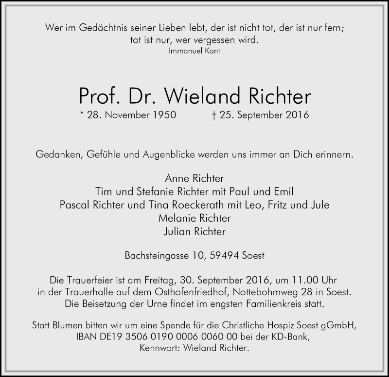  Traueranzeige für Wieland Richter vom 28.09.2016 aus MZV