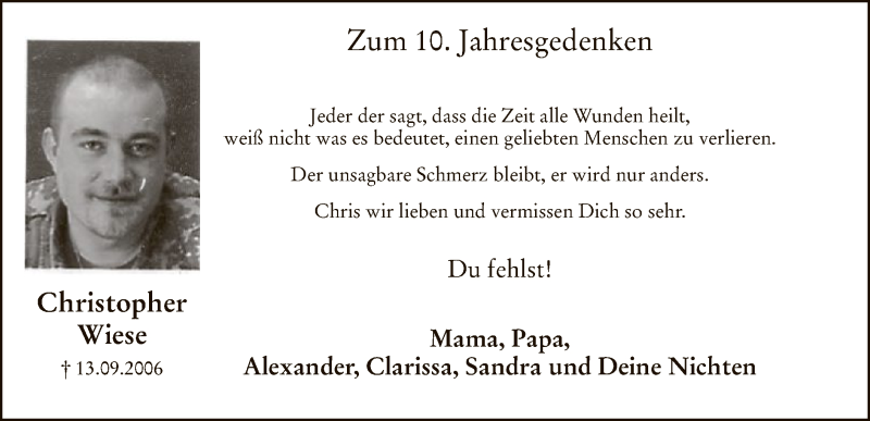  Traueranzeige für Christopher Wiese vom 13.09.2016 aus MZV