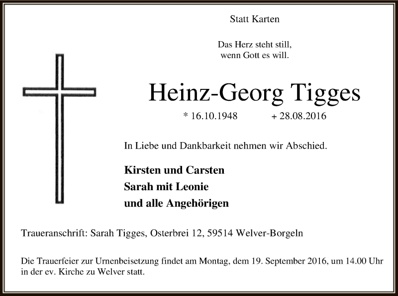  Traueranzeige für Heinz-Georg Tigges vom 10.09.2016 aus MZV