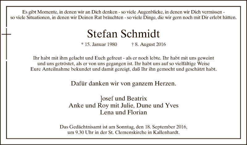  Traueranzeige für Stefan Schmidt vom 10.09.2016 aus MZV