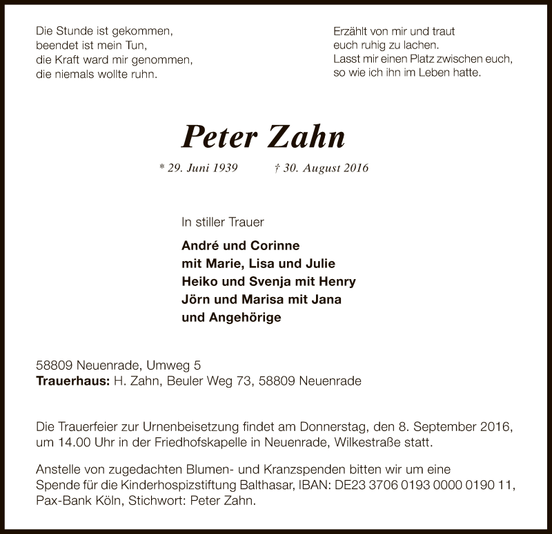  Traueranzeige für Peter Zahn vom 03.09.2016 aus MZV
