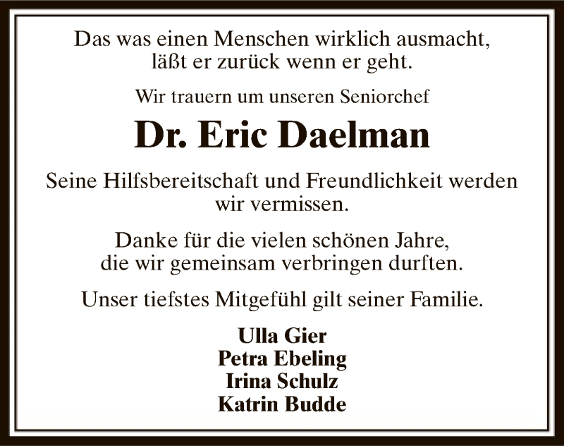 Traueranzeige für Eric Daelman vom 07.09.2016 aus MZV