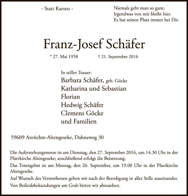  Traueranzeige für Franz-Josef Schäfer vom 23.09.2016 aus MZV