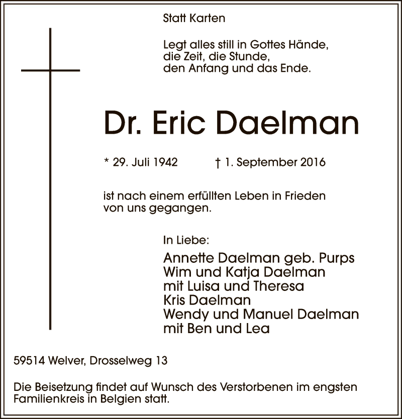  Traueranzeige für Eric Daelman vom 03.09.2016 aus MZV