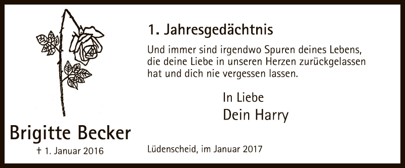  Traueranzeige für Brigitte Becker vom 02.01.2017 aus MZV