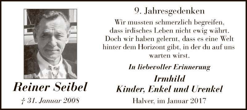  Traueranzeige für Reiner Seibel vom 31.01.2017 aus MZV