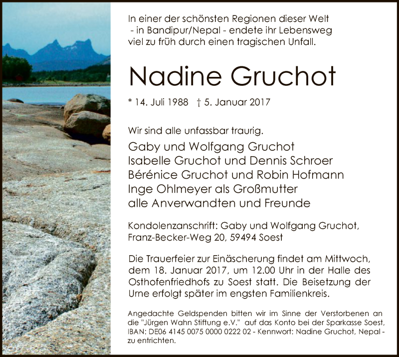  Traueranzeige für Nadine Gruchot vom 14.01.2017 aus MZV