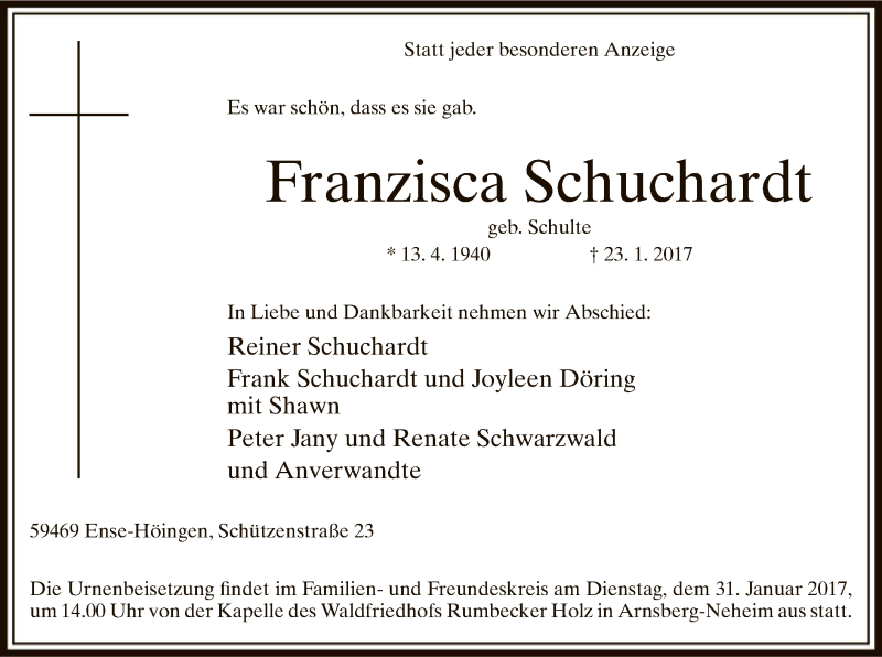  Traueranzeige für Franzisca Schuchardt vom 25.01.2017 aus MZV