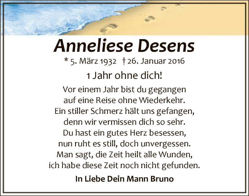  Traueranzeige für Anneliese Desens vom 26.01.2017 aus MZV