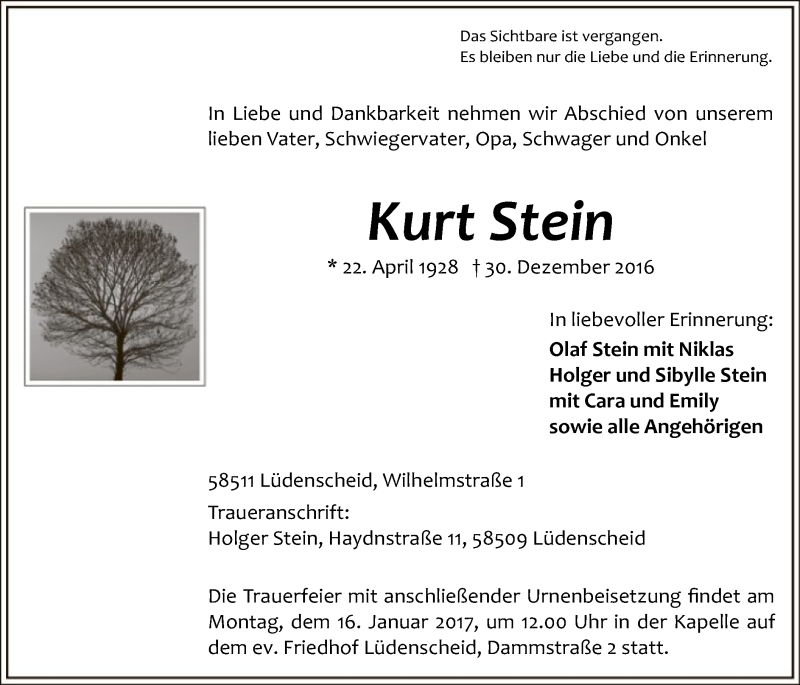  Traueranzeige für Kurt Stein vom 07.01.2017 aus MZV