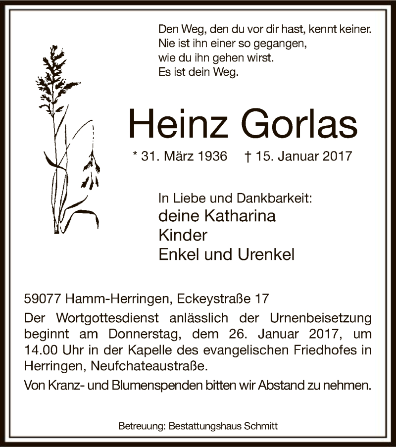  Traueranzeige für Heinz Gorlas vom 21.01.2017 aus MZV