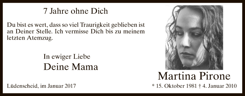  Traueranzeige für Martina Pirone vom 04.01.2017 aus MZV