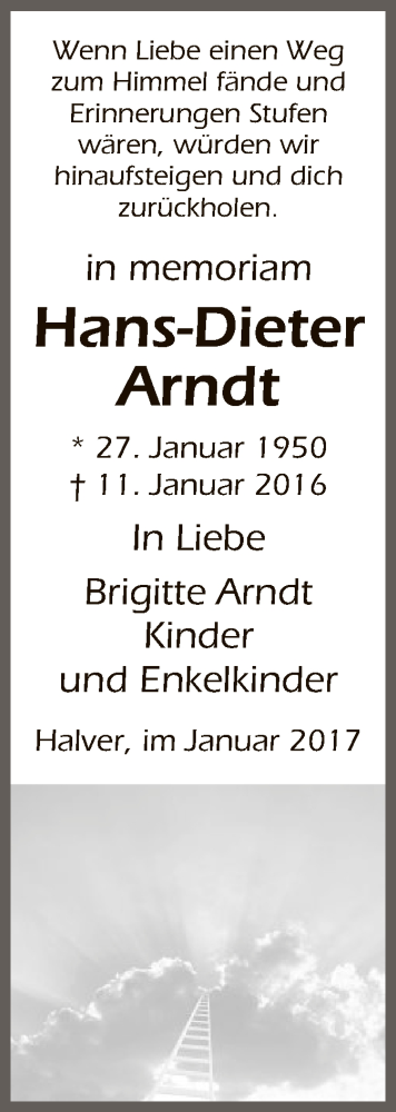  Traueranzeige für Hans-Dieter Arndt vom 11.01.2017 aus MZV