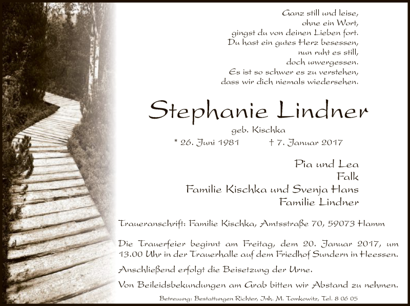  Traueranzeige für Stephanie Lindner vom 14.01.2017 aus MZV