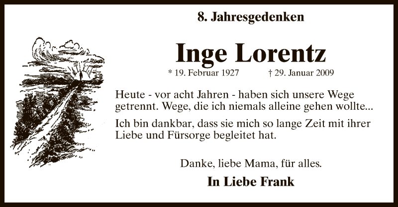  Traueranzeige für Inge Lorentz vom 30.01.2017 aus MZV