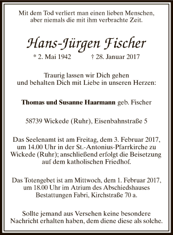 Traueranzeige von Hans-Jürgen Fischer von MZV