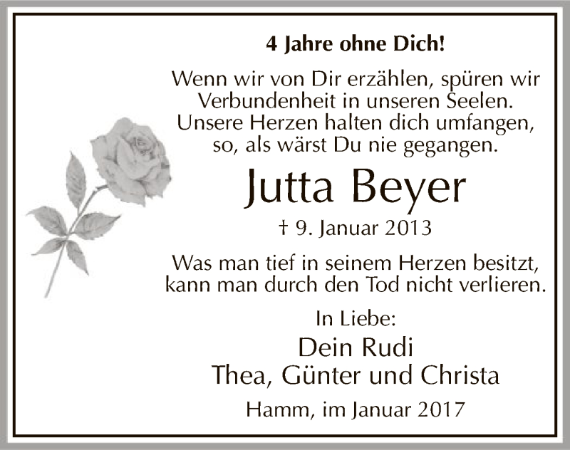  Traueranzeige für Jutta Beyer vom 09.01.2017 aus MZV