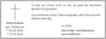 Traueranzeige von Maria Klakow von MZV