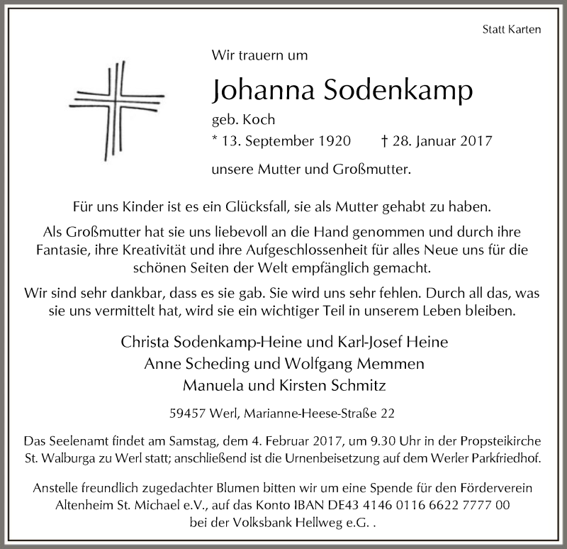  Traueranzeige für Johanna Sodenkamp vom 31.01.2017 aus MZV