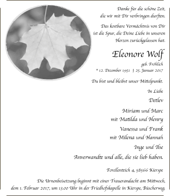 Traueranzeige von Eleonore Wolf von MZV
