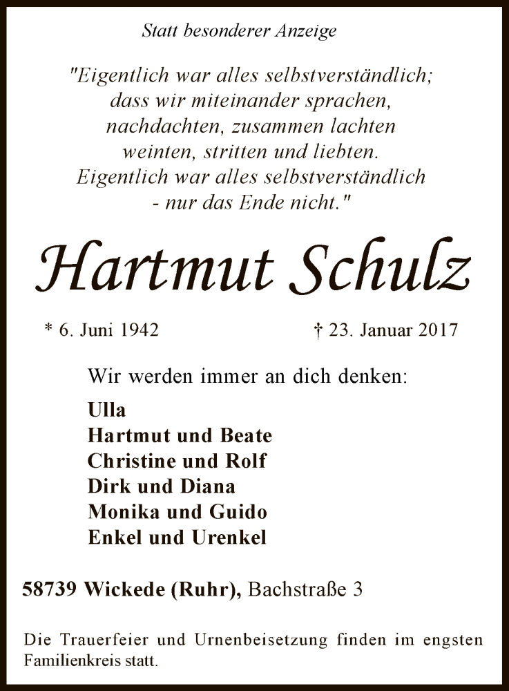  Traueranzeige für Hartmut Schulz vom 25.01.2017 aus MZV