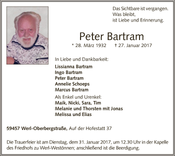 Traueranzeige von Peter Bartram von MZV