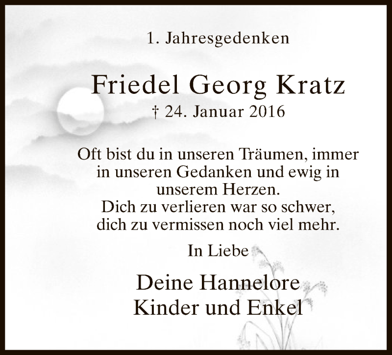  Traueranzeige für Friedel Georg Kratz vom 24.01.2017 aus MZV