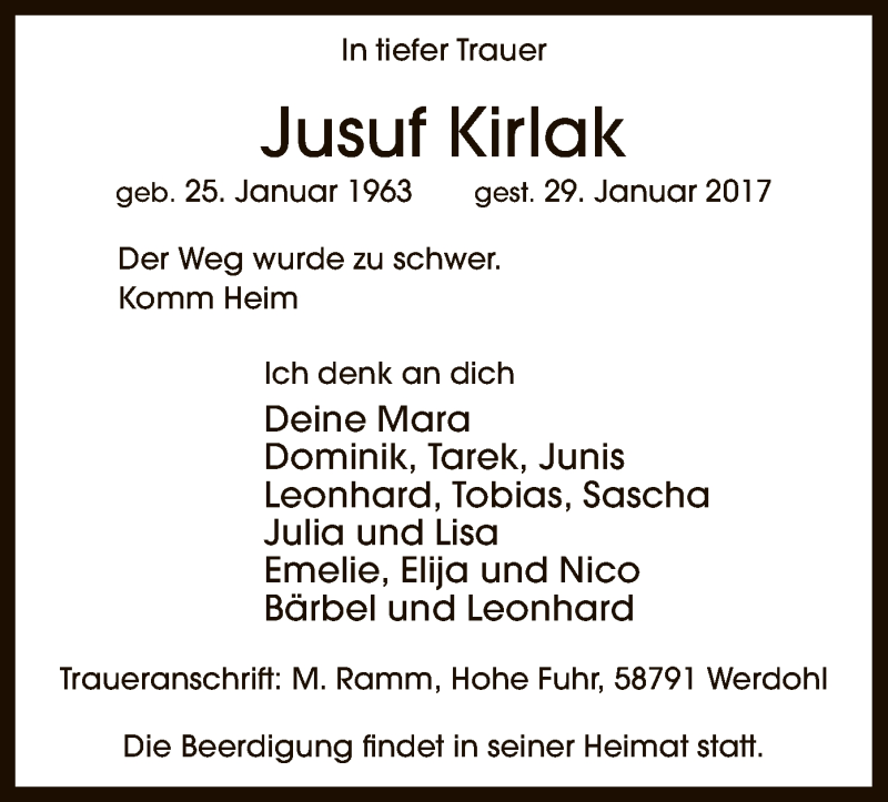  Traueranzeige für Jusuf Kirlak vom 31.01.2017 aus MZV