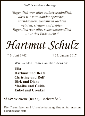 Traueranzeige von Hartmut Schulz von MZV