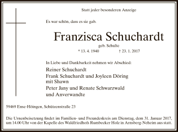 Traueranzeige von Franzisca Schuchardt von MZV