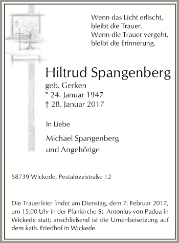 Traueranzeige von Hiltrud Spangenberg von MZV