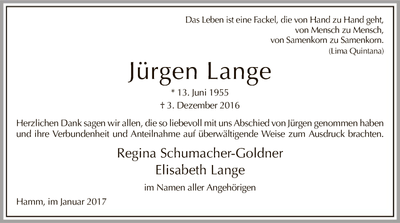  Traueranzeige für Jürgen Lange vom 14.01.2017 aus MZV