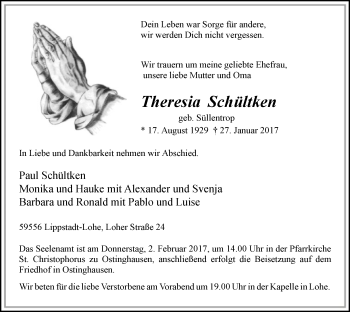 Traueranzeige von Theresia Schültken von MZV