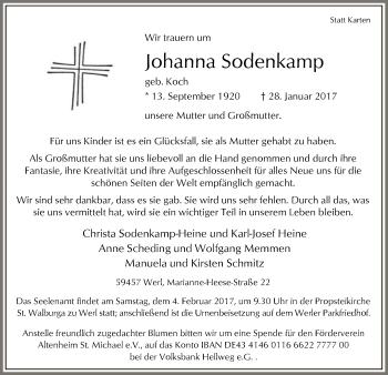 Traueranzeige von Johanna Sodenkamp von MZV