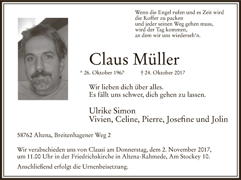  Traueranzeige für Claus Müller vom 28.10.2017 aus MZV