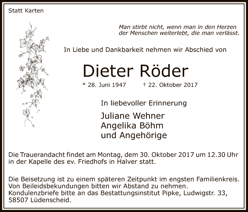  Traueranzeige für Dieter Röder vom 27.10.2017 aus MZV