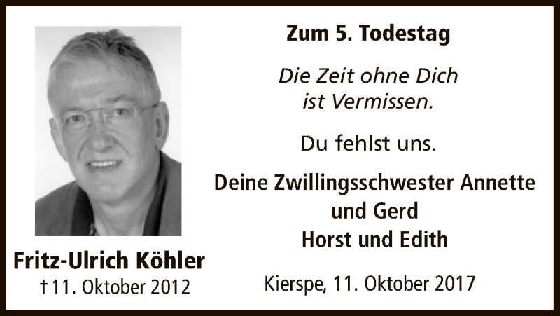  Traueranzeige für Fritz-Ulrich Köhler vom 11.10.2017 aus MZV