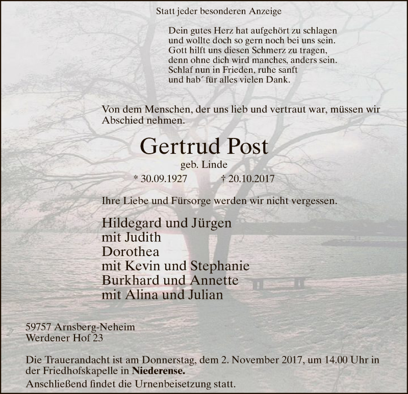  Traueranzeige für Gertrud Post vom 28.10.2017 aus MZV