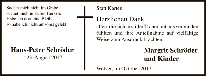  Traueranzeige für Hans-Peter Schröder vom 07.10.2017 aus MZV