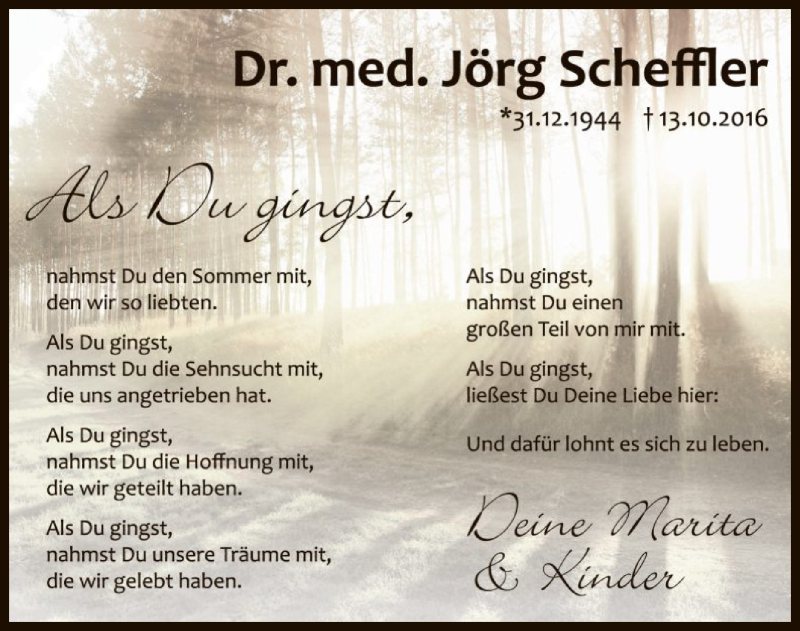  Traueranzeige für Jörg Scheffler vom 13.10.2017 aus MZV