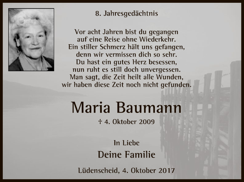  Traueranzeige für Maria Baumann vom 04.10.2017 aus MZV