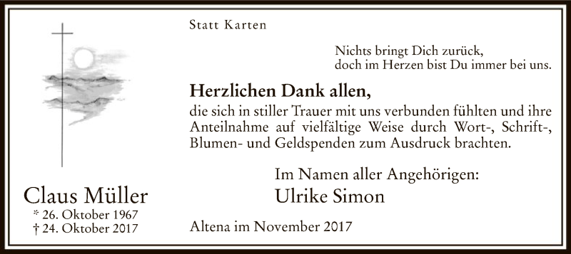  Traueranzeige für Claus Müller vom 18.11.2017 aus MZV