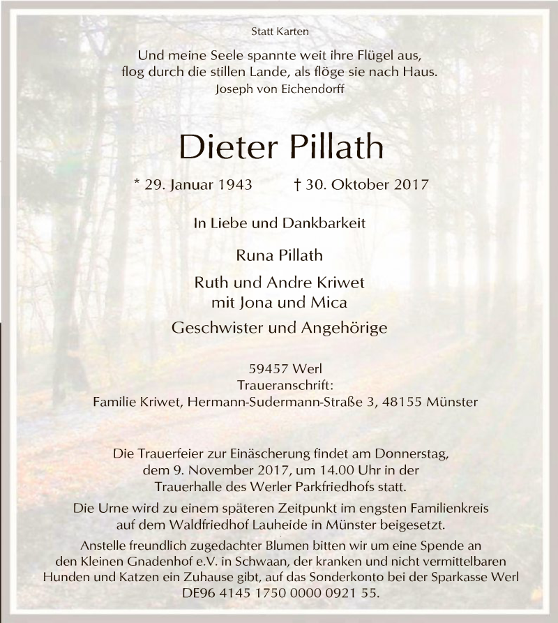  Traueranzeige für Dieter Pillath vom 04.11.2017 aus MZV