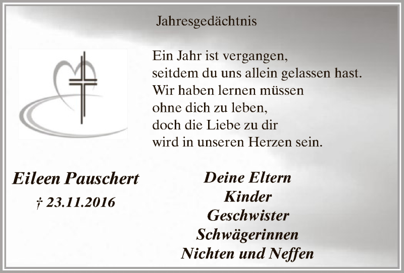  Traueranzeige für Eileen Pauschert vom 23.11.2017 aus MZV