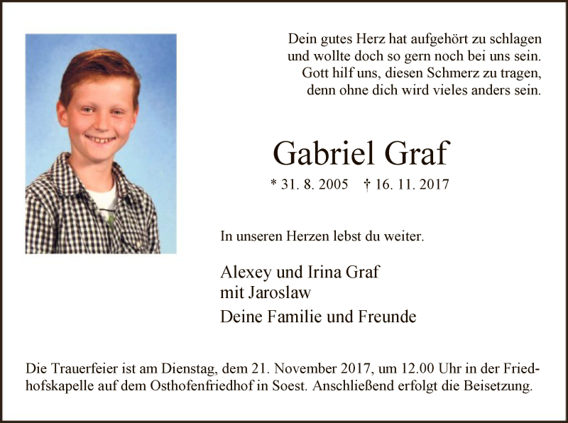  Traueranzeige für Gabriel Graf vom 21.11.2017 aus MZV