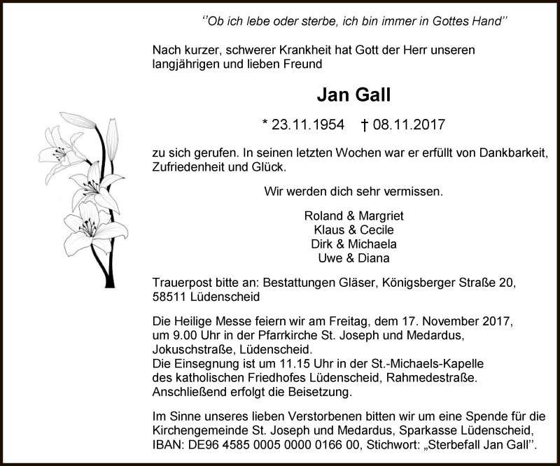  Traueranzeige für Jan Gall vom 11.11.2017 aus MZV